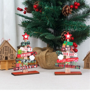 DIY wooden Christmas tree table decor with red and green layers and festive gnome details