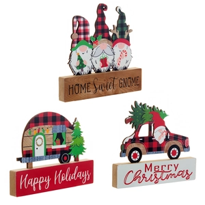 Dreiteilige Weihnachtsdeko aus Holz mit Zwergen und Oldtimern für die Tischdekoration