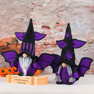 Halloween gnome dolls set with purple bat wings and witch hats for festive home decor