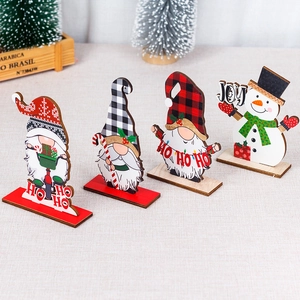 Set of 4 Christmas wooden gnome and snowman desktop ornaments with JOY and HO HO HO signs