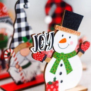 DIY Christmas wooden snowman gnome table centerpiece with Joy sign and plaid scarf