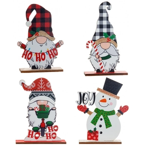 Set of 4 Christmas wooden gnome and snowman table ornaments with JOY and HO HO HO signs