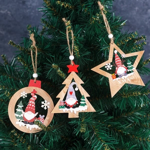 Set of 3 hollow wooden Christmas gnomes ornaments featuring XMAS stars and trees