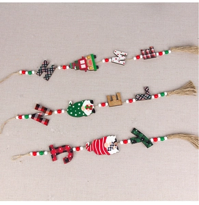 Christmas wooden bead garland with gnome charms, tassels and holiday greeting letters