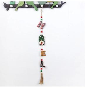 Close-up of NOEL wooden bead garland with Christmas gnome and natural hemp tassels