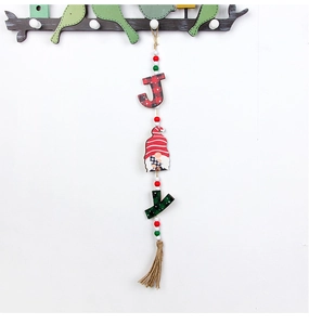 Vertical wooden JOY Christmas ornament with gnome, colorful beads and a jute tassel