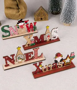 Set van 4 houten kersttafeldecoraties met SNOW, XMAS en NOEL feestelijke ontwerpen