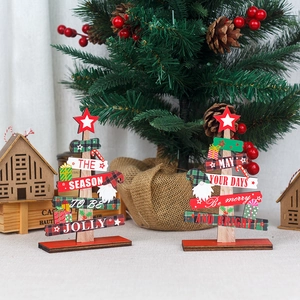 DIY wooden Christmas tree table decor with gnome, plaid patterns and festive greetings