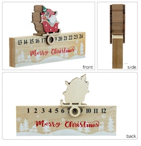 Viste frontale, laterale e posteriore di un calendario natalizio in legno con slitta di Babbo Natale