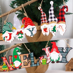 Christmas Wooden Hanging Sign Gnome Wall Decor Noel Joy Plaid Gnome Door Decoration Rustic Xmas Holiday Party Home Ornament