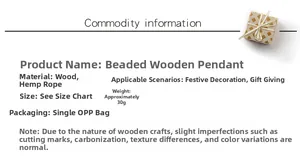 Detail view of wooden bead ornaments with jute rope for Christmas gift decoration