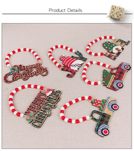Set of six Christmas wooden bead ornaments featuring gnomes and vintage trucks with Noel text