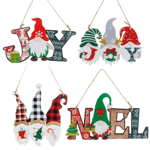 Set of 4 Christmas wooden gnome hanging ornaments with JOY and NOEL festive greetings