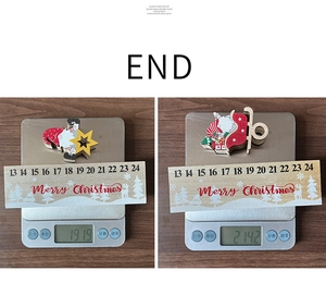 Dettaglio che mostra il peso dei calendari dell'Avvento creativi in legno con Babbo Natale