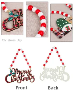 Detail of red and white beaded Christmas ornament with buffalo plaid Merry Christmas sign
