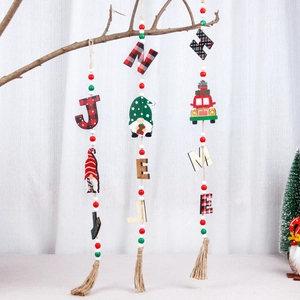 Christmas Wooden Hanging Ornaments Beaded Tassel Garland NOEL JOY HOME Plaid Gnome Red Truck Farmhouse Rustic Holiday Home Decor