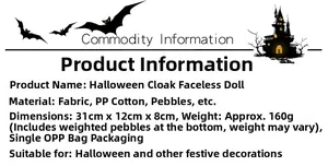 Detailed size and material specification chart for the Halloween Cloak Gnome decoration