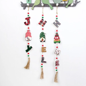 Three-piece set of wooden Christmas gnome letter ornaments with beads and hemp tassels