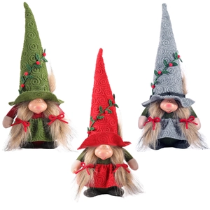 Set of three Christmas forest gnomes in red, green, and gray with long braided beards