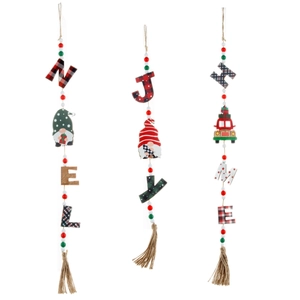 Christmas gnome wooden bead garlands with Noel, Joy, and Home letters and tassels