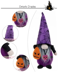 Detail view of Halloween gnome plush with skull charm and orange pumpkin bag detail