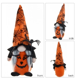 Three-view detail of a Halloween gnome with spider web hat and pumpkin embroidery