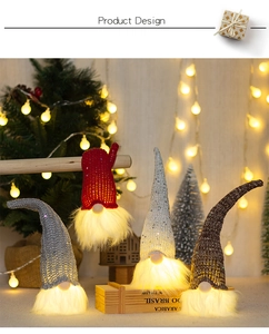 Detailed view of glowing LED Christmas gnome ornaments with sequined knit hats and warm lights
