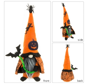 Three-view layout of a faceless Halloween gnome with spider web cape and pumpkin hat