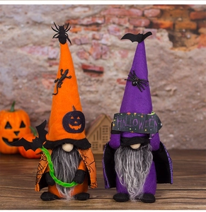 Detail of Halloween gnomes featuring spider decals, orange cape and a purple signpost