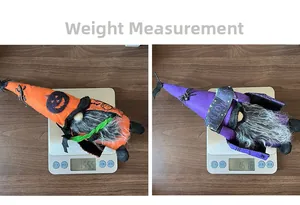 Weight measurement of Halloween gnomes featuring pumpkin and spider plush details