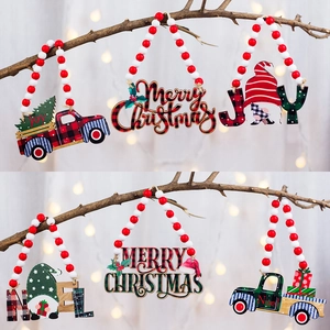 Christmas Wooden Bead Hanging Ornament Rustic Buffalo Plaid Merry Christmas JOY NOEL Truck Gnome Sign Holiday Home Decor