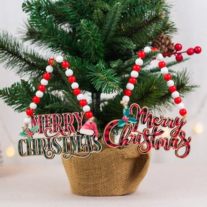 Plaid Merry Christmas wooden hanging ornaments with red and white wood beads on trees