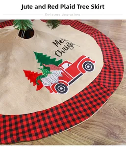 Linen Christmas tree skirt featuring a red truck and gnome on rustic wooden flooring