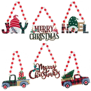 Set of 6 Christmas wooden ornaments with gnomes and trucks on red green plaid beads