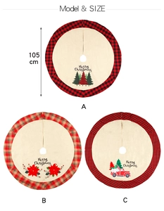 Detailed views of 105cm Christmas tree skirts with red buffalo plaid and holiday patterns
