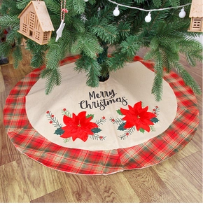 Christmas tree skirt with Merry Christmas text, red flowers and tartan plaid border