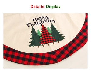 Detail of Merry Christmas tree skirt featuring buffalo plaid border and rustic print