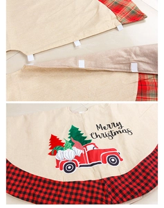 Detail view of burlap Christmas tree skirt with festive truck and gnome patterns