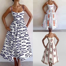 Detailed collage of summer A-line midi dresses featuring fish, lobster and cherry prints