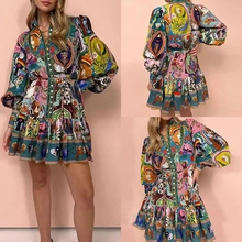 Detail shots of V-neck printed dress showing lantern sleeves and tiered ruffle hem