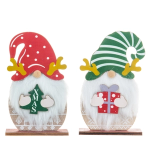 Set of two Christmas gnomes with wooden bases, plush beards, and festive deer antlers