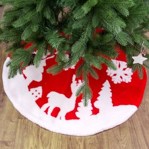Red plush Christmas tree skirt with white reindeer and snowflake jacquard patterns