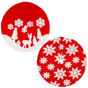 Red Christmas tree skirt with reindeer and snowflake patterns in soft plush fabric