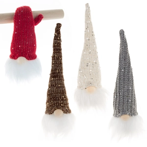 Set of four glowing Christmas gnome ornaments with sequined knit hats and faux fur beards