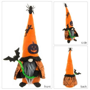 Halloween gnome plush decor with orange spider hat and spiderweb cape in triple view