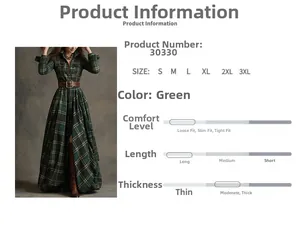 Vue détaillée de la robe à carreaux vert foncé avec tableau des tailles et attributs