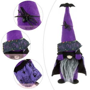 Halloween gnome plush with purple velvet hat, black spider cloak and Halloween sign