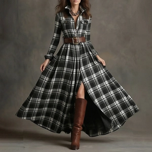 Robe longue chemise élégante à carreaux noir et blanc avec ceinture vintage