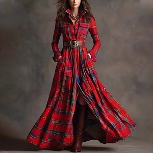 Robe longue chemisier à carreaux rouges avec ceinture et manches longues, look élégant