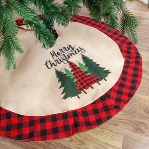 Burlap Christmas Tree Skirt Buffalo Plaid Edge Red Truck Poinsettia Pattern Holiday Home Party Floor Decoration Ornament
